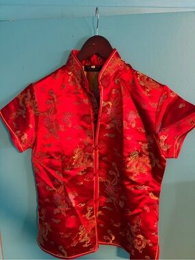 Red Satin Chinese Style Dragon Embroidered Button Up- Versatile